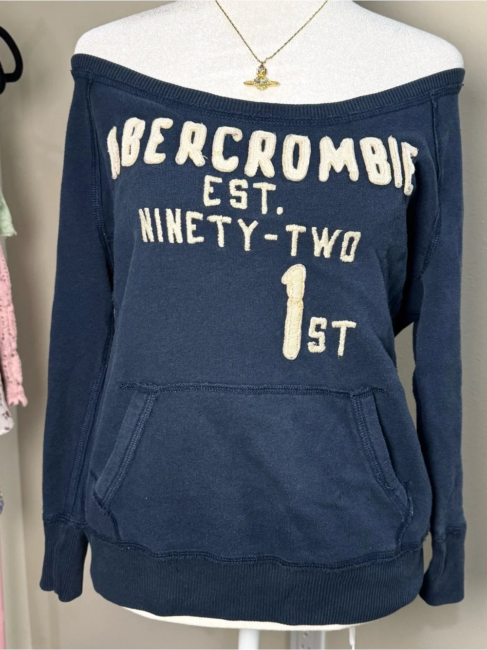 Abercrombie & Fitch Navy Off-the-Shoulder Sweatshirt Cream Chenille Logo